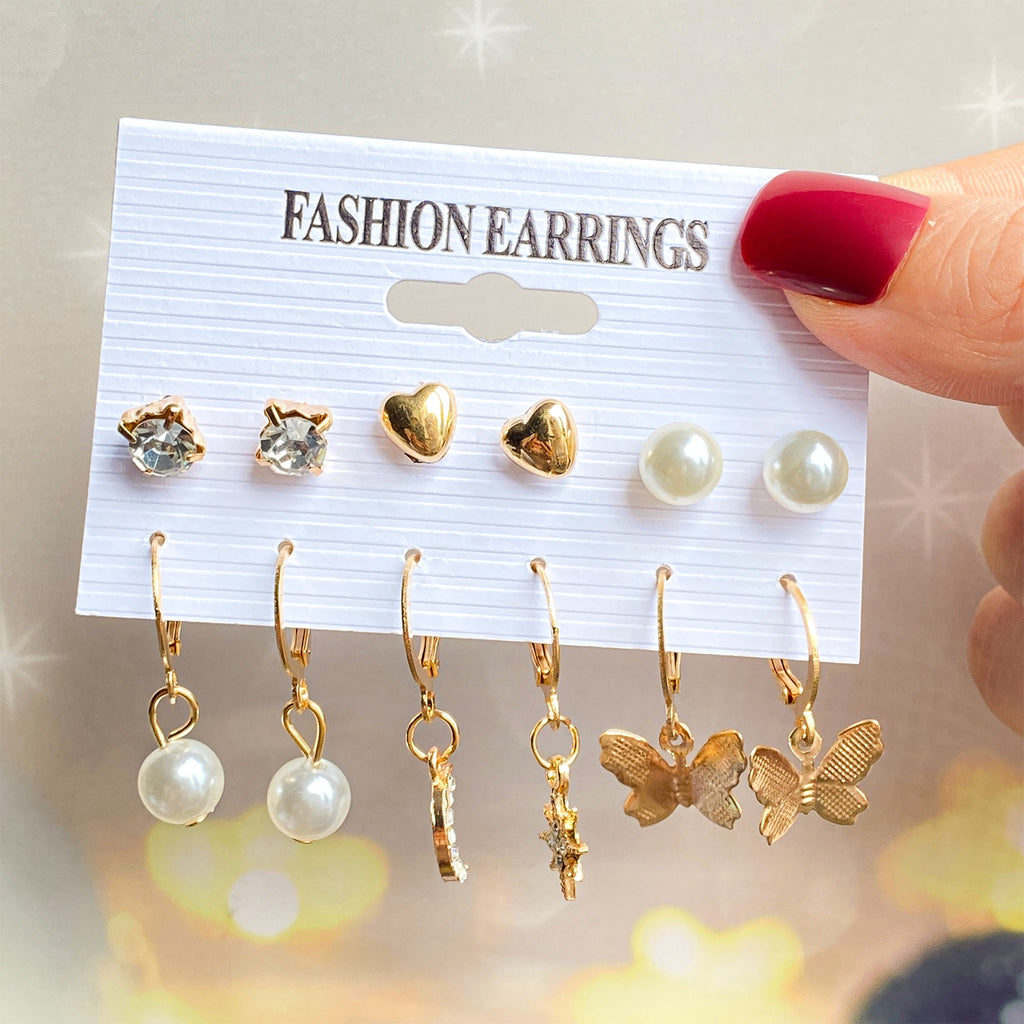 Vintage Geometry Pearl Heart Rhombus Earrings Set Gold Color Heart Earrings For Women Simple Metal Square Round Fashion Jewelry