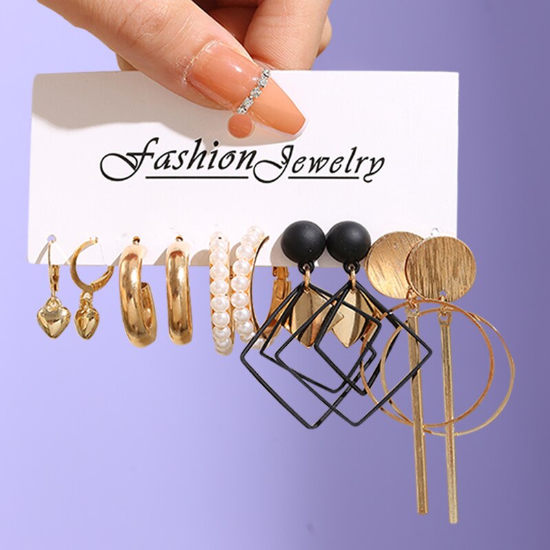 17KM Black Heart Checkerboard Earring Set Women Vintage Gold Color Dangle Earring Pearl Earring Trendy Cartoon Earrings Jewelry
