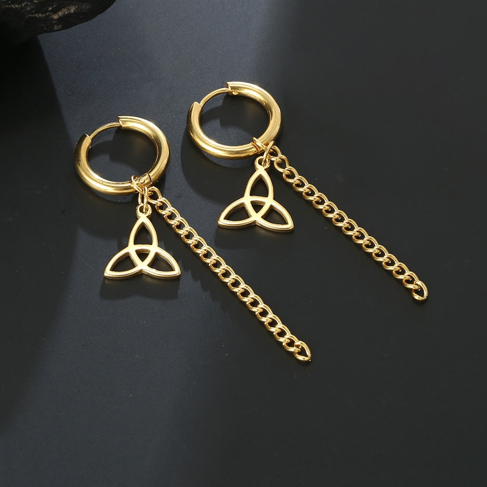 Lucktune Triangle Witch Knot Clip Earrings Stainless Steel Women Chains Long Tassel Piercing Ear Clip Trendy Jewelry Party Gift