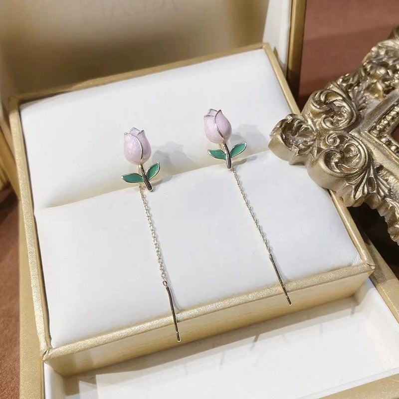 Elegant Pink Tulip Flower Long Tassel Earrings 2022 New Fashion Party Girls Jewelry Accessories Gifts For Women