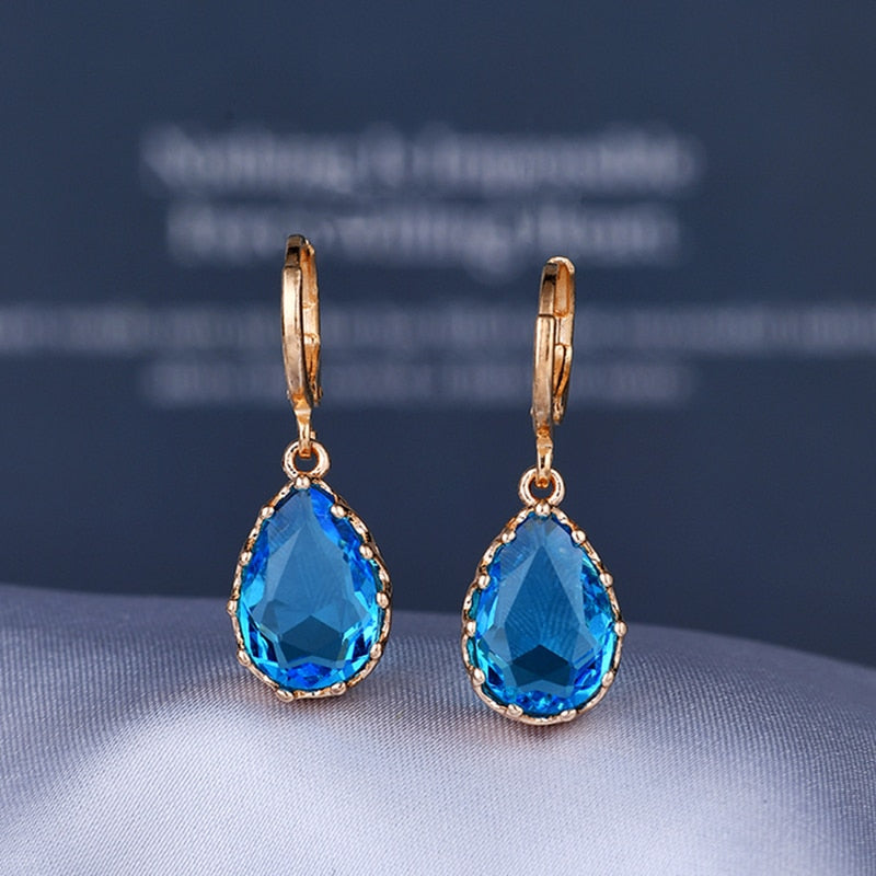 Simple Women Blue Sapphire Crystal Drop Earrings Women Engagement Wedding Gold Earrings Anniversary Gift  Pendientes De Mujer