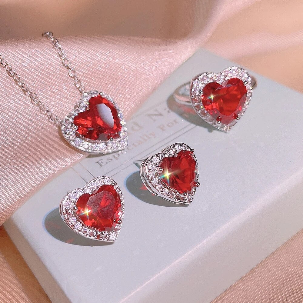 Exquisite Red Zircon Heart Pendants Necklace Earrings Sets for Women 925 Sterling Silver Bridal Wedding Jewelry Gift Top Quality