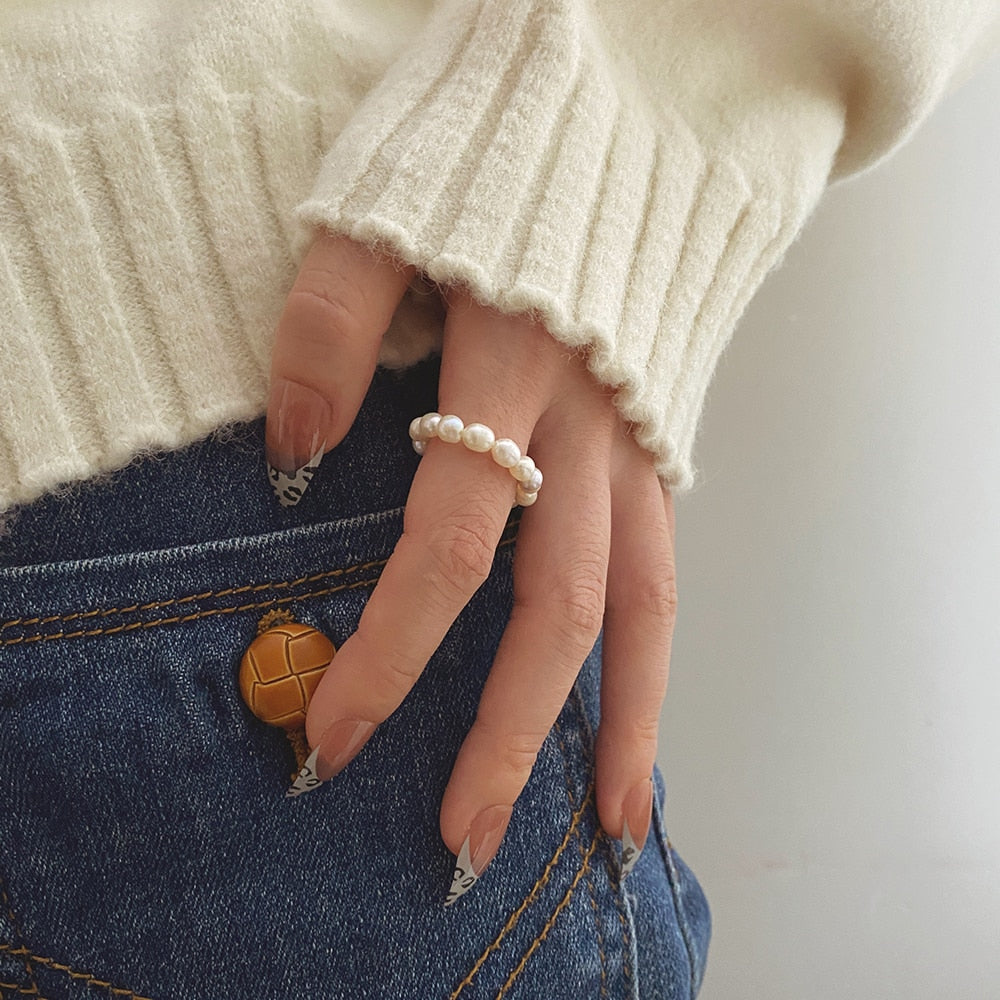 IFKM New Minimalist Multi Bead Freshwater Pearl Geometric Rings Women Finger Jewelry Fashion Adjustable Elastic Ring