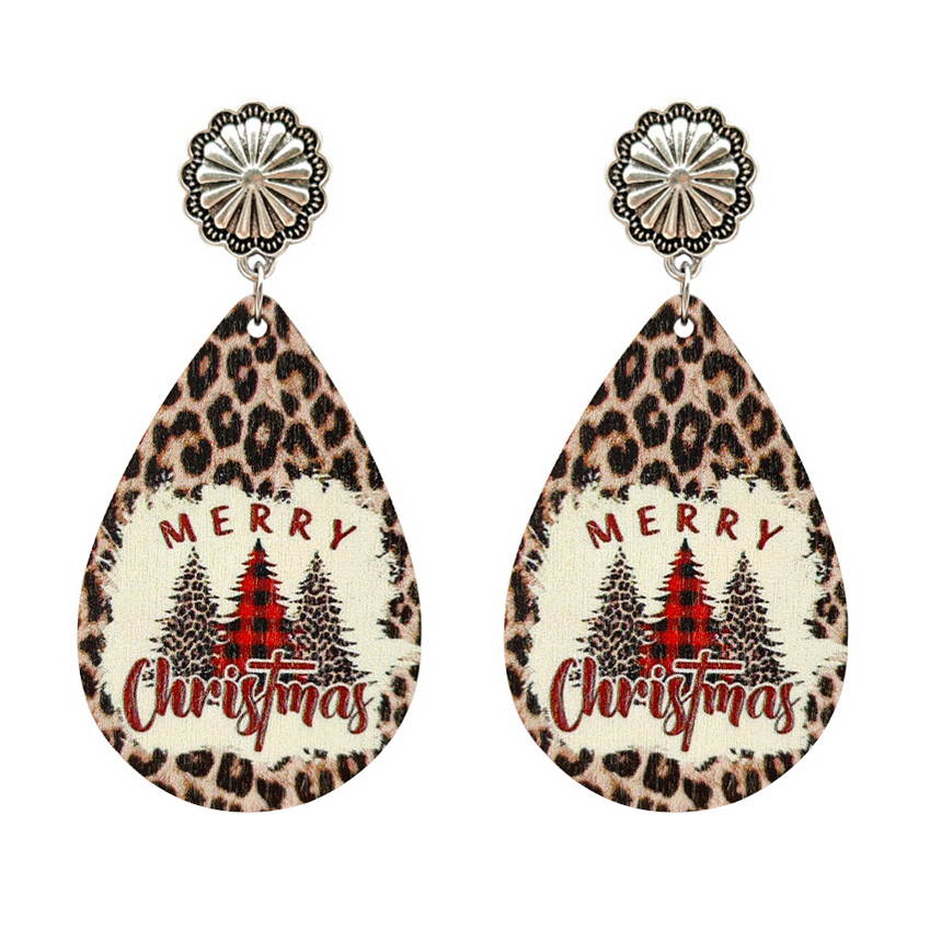 Buffalo Plaid Christmas Tree Pattern Leopard Background Wood Teardrop Dangle Earrings 2022 New Christmas Earrings Gifts Jewelry