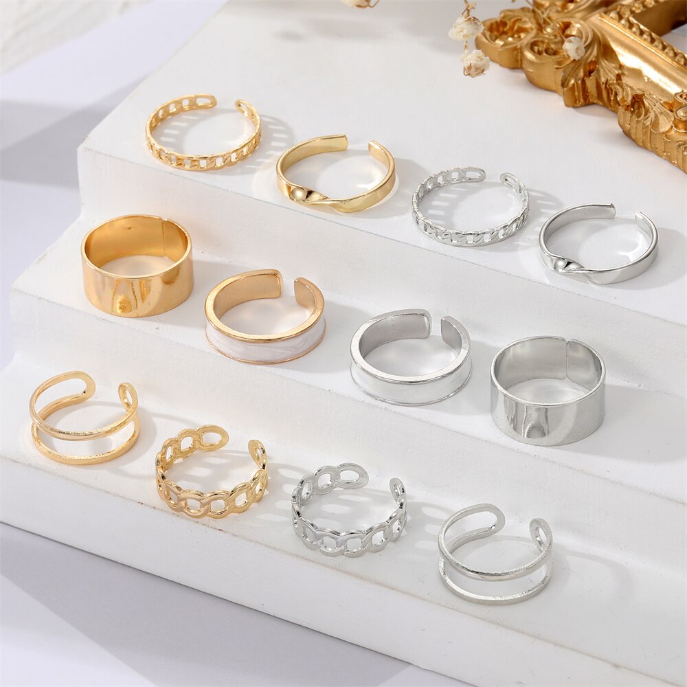 DAXI New Women&#39;s Oil Drip Rings Set Gold Metal Opening Adjustable Simple Pearl Rings Punk Hip Hop Jewelry Wedding Memorial Gift
