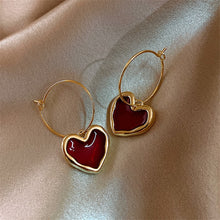 Load image into Gallery viewer, LATS Sweet Burgundy Enamel Heart Earrings for Women Girl Gold Color Metal Love Heart Hanging Dangle Earrings Vintage Jewelry