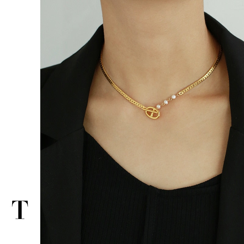 French Luxury Fashion Trendy Golden Copper Solid Snake Chain Pearl Necklace For Women 2022 Simple Design Jewelry Birthday Gift
