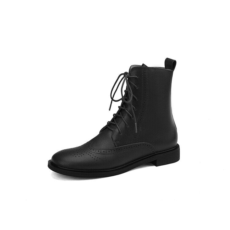 funninessgames  fashion inspo    NEW Fall Shoes Women Round Toe Low Heel Shoes Winter Solid Genuine Leather Boots Women Hollow Brogues Ankle Boots Chelsea Boots