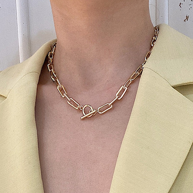 IPARAM Thick Chain Toggle Clasp Gold Necklaces Mixed Linked Circle Necklaces for Women Minimalist Choker Necklace Hot Jewelry