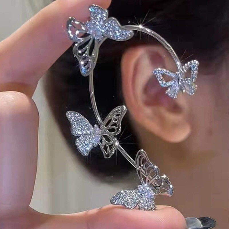 Gold Silver Color Ear Bone Clip For Women Sweet Exquisite Sparkling Crystal Butterfly Ear Cuff Clip Earring Wedding Jewelry