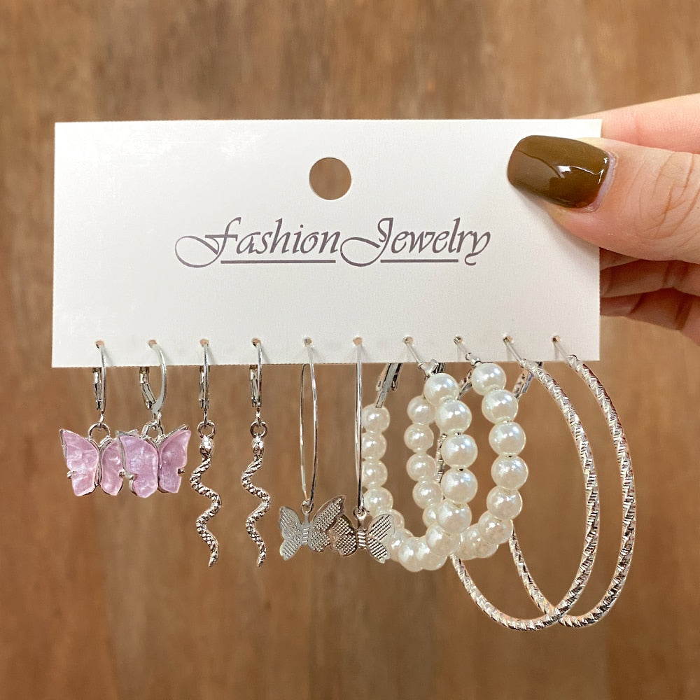 EN Boho Butterfly Flower Pendant Drop Earrings Set For Women Girls Korean Fashion Acrylic Pearl Dangle Earrings Party Jewelry