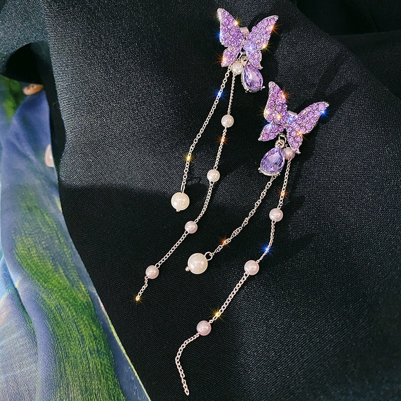 Korean Purple Crystal Butterfly Drop Earring For Women New Fashion Imitation Pearl Tassel Chain Rhinestone Earring Jewelry Gift