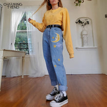 Load image into Gallery viewer, Straight Women&#39;s Cute Jeans Baggy Vintage High Waist Moon Star Pattern Young Girls Denim Pants Streetwear  Female Long Jeans