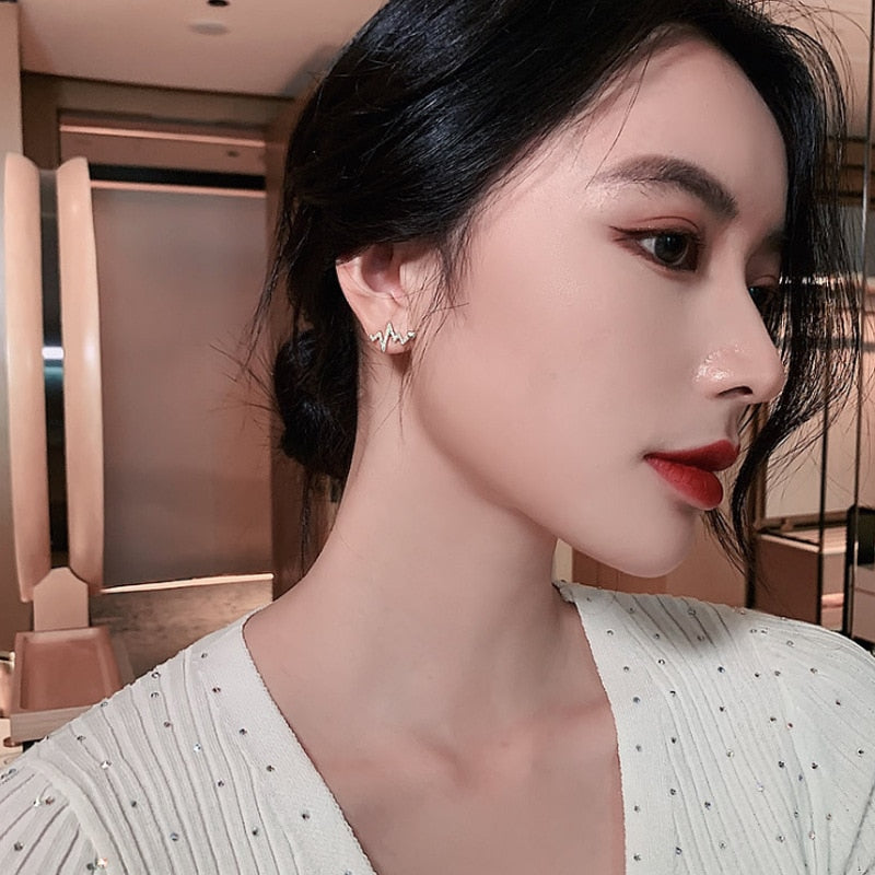 Creative Heart Electrocardiogram Stud Earrings For Women Korean Shiny Rhinestone Heartbeat Earring Party Personality Jewelry
