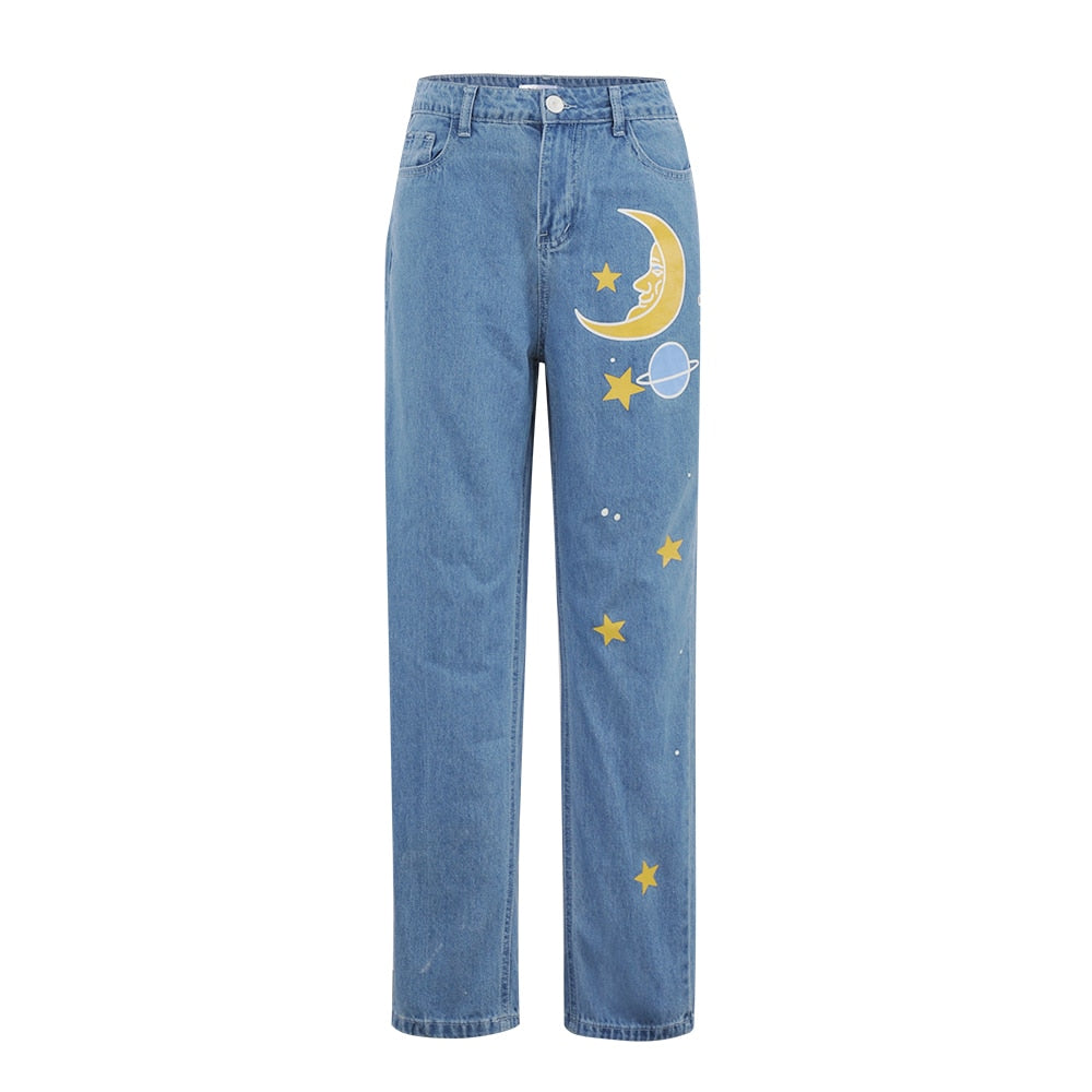 Straight Women's Cute Jeans Baggy Vintage High Waist Moon Star Pattern Young Girls Denim Pants Streetwear  Female Long Jeans