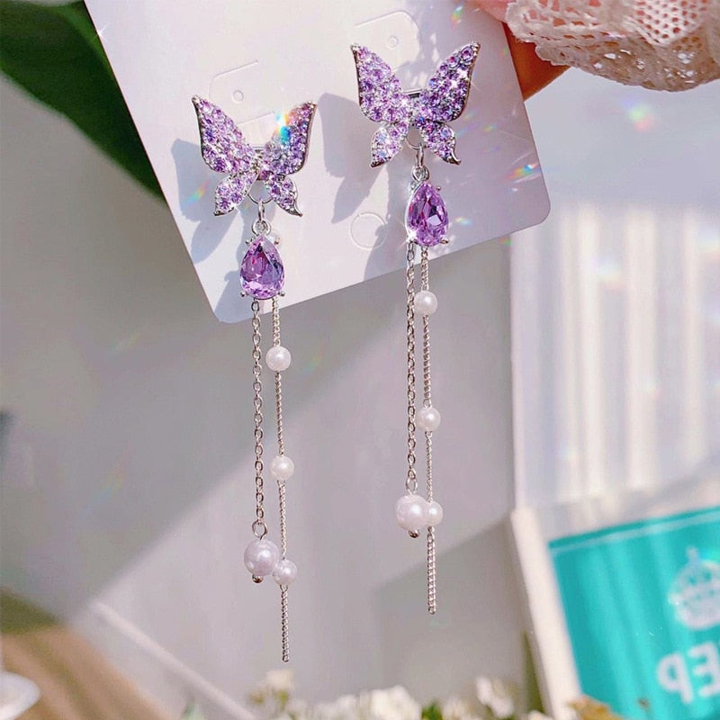 Korean Purple Crystal Butterfly Drop Earring For Women New Fashion Imitation Pearl Tassel Chain Rhinestone Earring Jewelry Gift