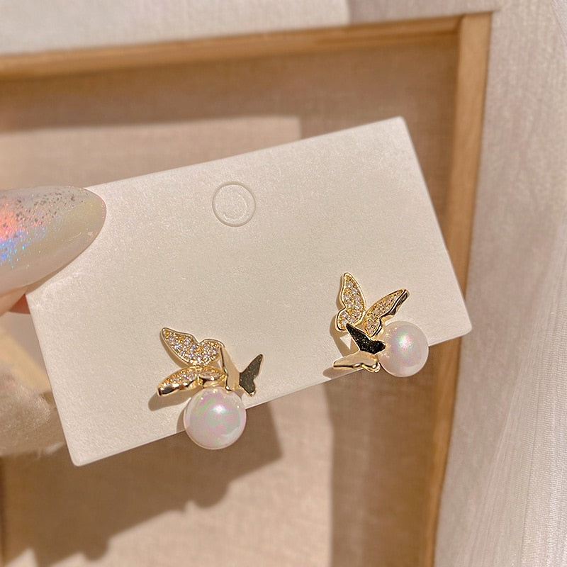 Korean Delicate Butterfly Stud Earrings For Women Shining AAA Zircon CZ Bowknot Pearl Earring Girl Wedding Party Jewelry Gifts